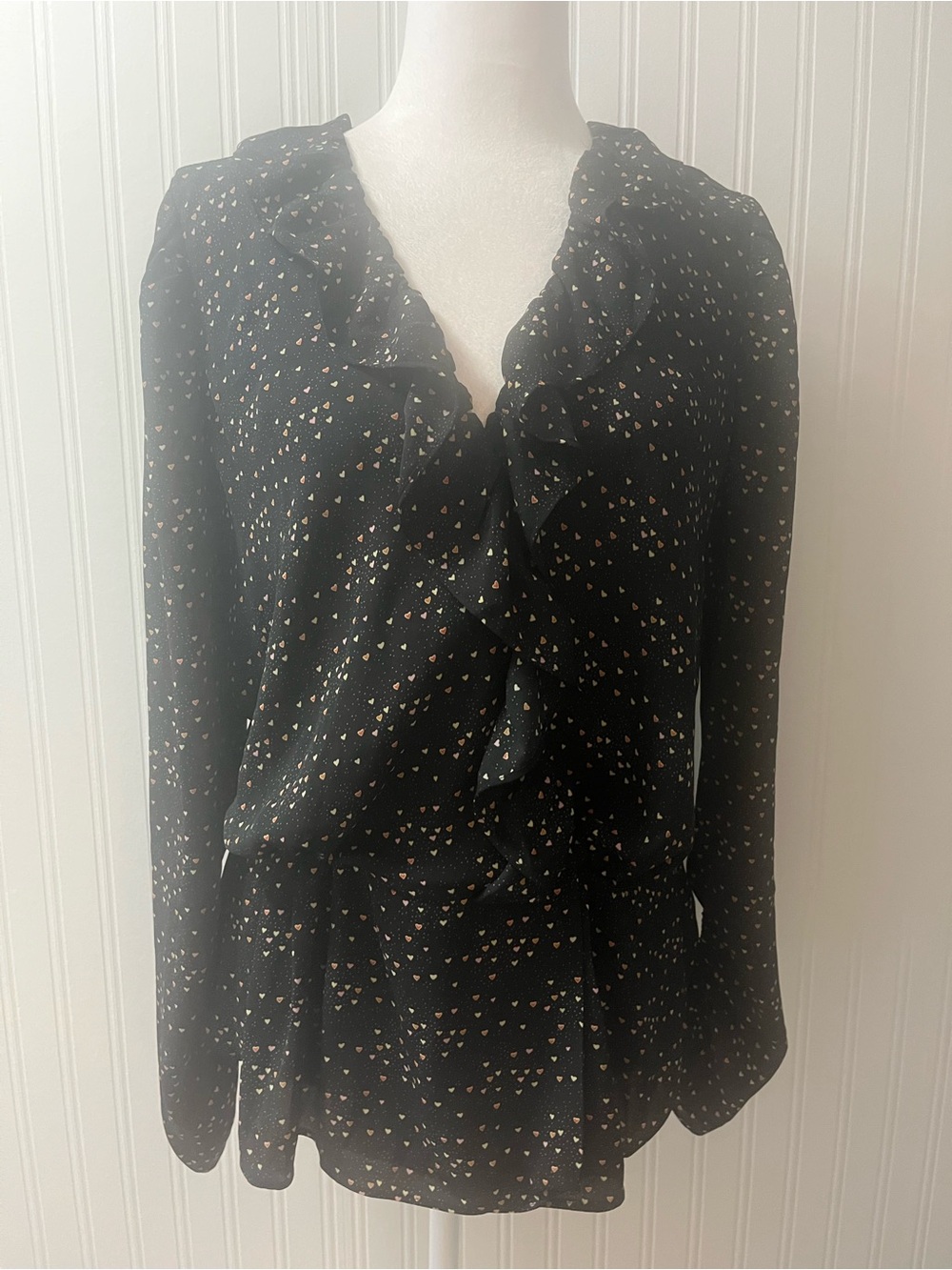 CAbi Black Ruffled V-Neck Blouse with Tiny Multicolor Heart Print